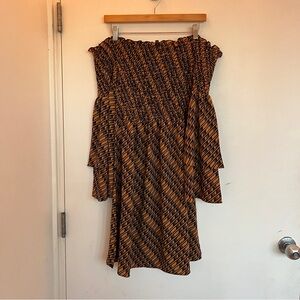 Manaola Medium Brown Black Print Off Shoulder Smocked Dress Bell Sleeve